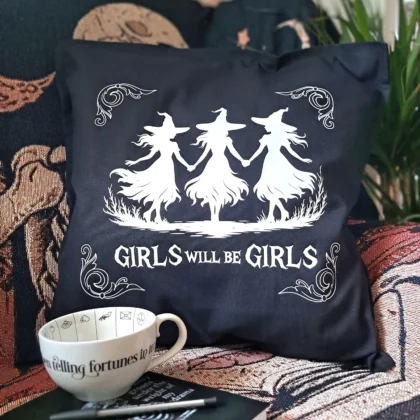 Black gothic cushion cover with three witches and “Girls Will Be Girls” design, 50x50cm cotton