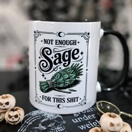 Black and white witch coffee mug with sarcastic gothic humour quote and sage bundle illustration, 11oz ceramic