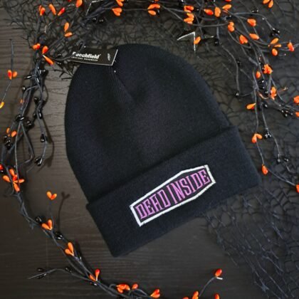 Dead Inside gothic black beanie with purple embroidery