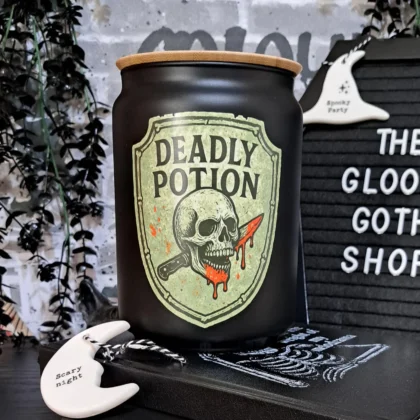 Deadly Potion gothic glass storage jar with skull design and bamboo lid