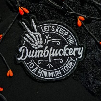 Dumbfuckery skeleton hand gothic embroidered patch 9.5cm iron-on badge in black and white