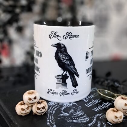 Edgar Allan Poe raven mug with wraparound quote design and black handle