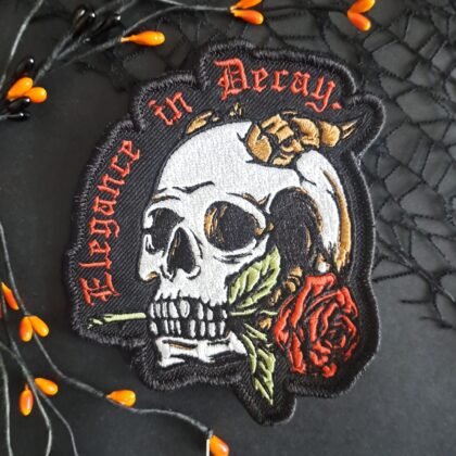 Flirting In Decay skull and rose gothic embroidered patch 15.5cm x 12cm