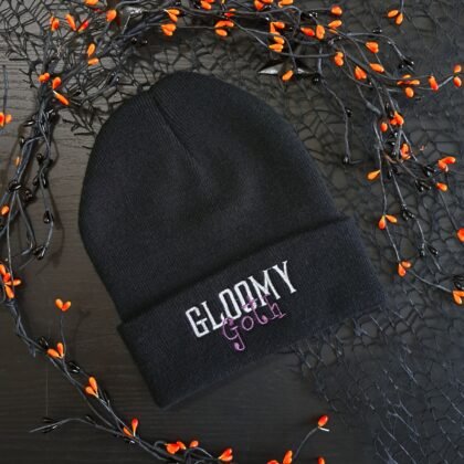 Gloomy Goth black gothic beanie with white and purple embroidery