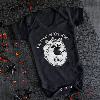 Gothic baby vest with black cat and skull Creature of the Night design