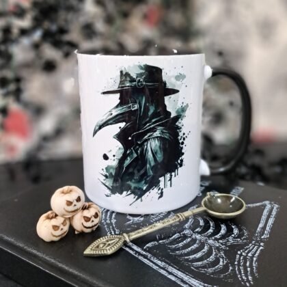 Gothic plague doctor mug with dark watercolour horror artwork