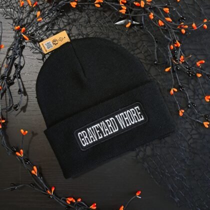 Graveyard Whore gothic black cuffed beanie with direct embroidery