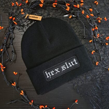 Hex Slut gothic black cuffed beanie with direct embroidery