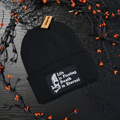 Life Is Fleeting Death Is Eternal gothic black beanie with skull embroidery