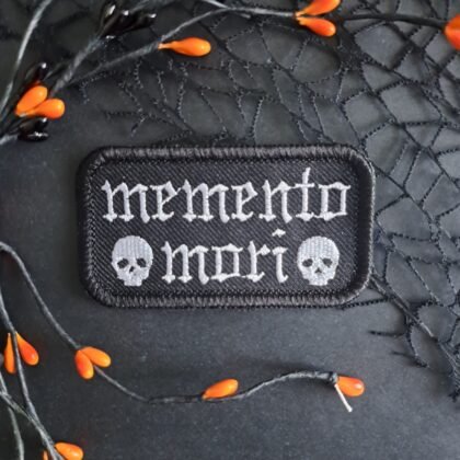 Memento Mori gothic embroidered patch with skull details black iron on badge 8.7cm x 4.8cm