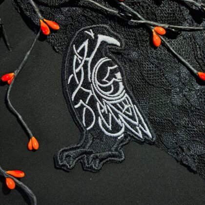 Odin raven embroidered patch in black and white Norse gothic design