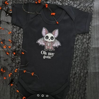 Oh My Goth cute goth baby vest with bat skeleton design black cotton babygrow