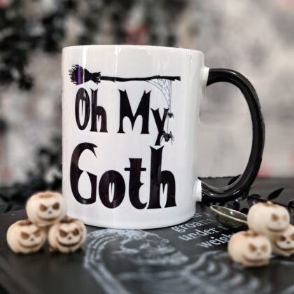 Oh My Goth Mug black and white gothic coffee cup with broom and spider detail