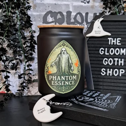 Phantom Essence gothic glass storage jar with ghost design and bamboo lid