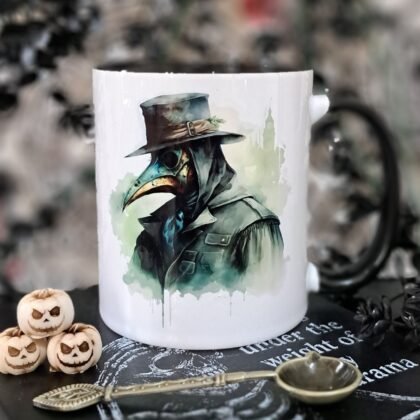 Watercolour plague doctor mug with green gothic artwork on ceramic coffee cup