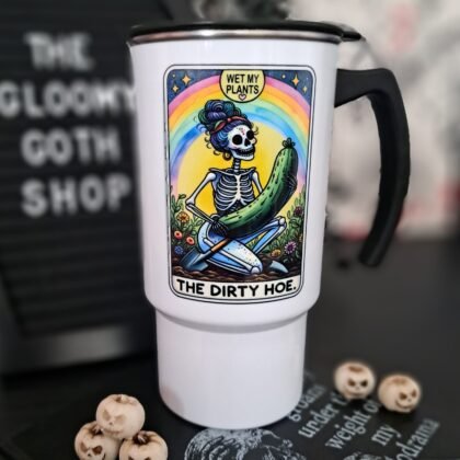 Wet My Plants Dirty Hoe 18oz travel mug with rainbow skeleton gardener design and black handle