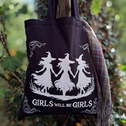 Gothic witch tote bag three witches design reusable organic cotton bag