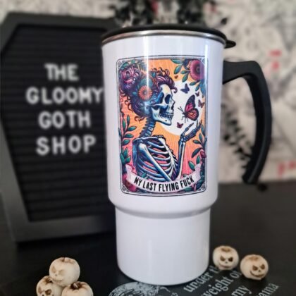 Witchy travel mug with colourful skeleton design and sarcastic quote, 18oz stainless steel coffee tumbler with handle