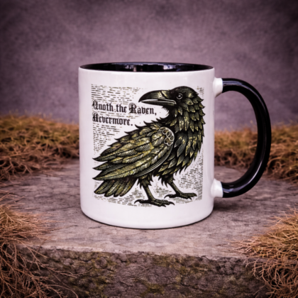 Nevermore raven mug with Edgar Allan Poe quote and gothic raven illustration, alternate side view on moss stone background
