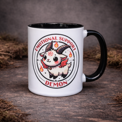 Cute gothic mug with emotional support demon design kawaii demon character on stone background