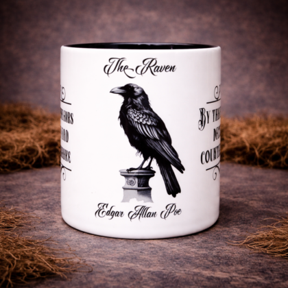 Edgar Allan Poe Raven mug with gothic raven illustration and quote design on black handle ceramic coffee cup onEdgar Allan Poe raven mug featuring classic gothic illustration and literary quote design. dark textured background