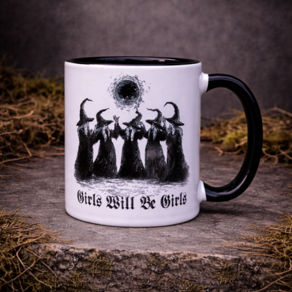 Girls Will Be Girls mug with witch illustration on moss stone background