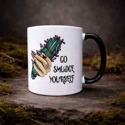 Witchy mug with go smudge yourself text and sage bundle illustration on stone background