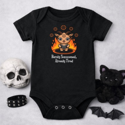 Goth baby grow barely summoned already tired black baby vest with cute demon design