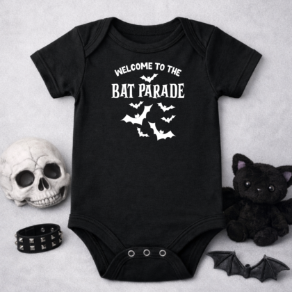 Goth baby grow bat parade black baby vest with spooky bat design