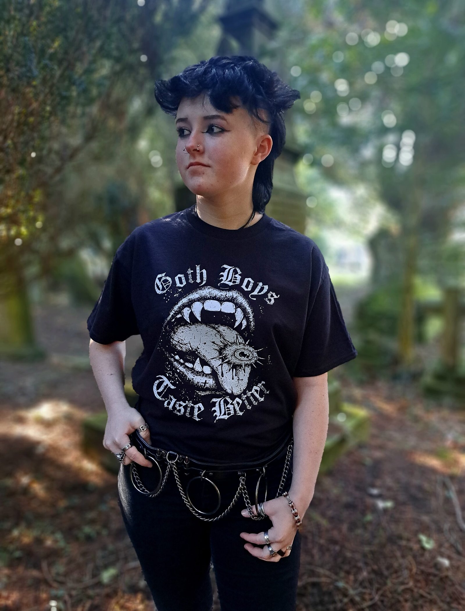 Goth Boys Taste Better gothic vampire mouth graphic t-shirt styled in alternative fashion photoshoot