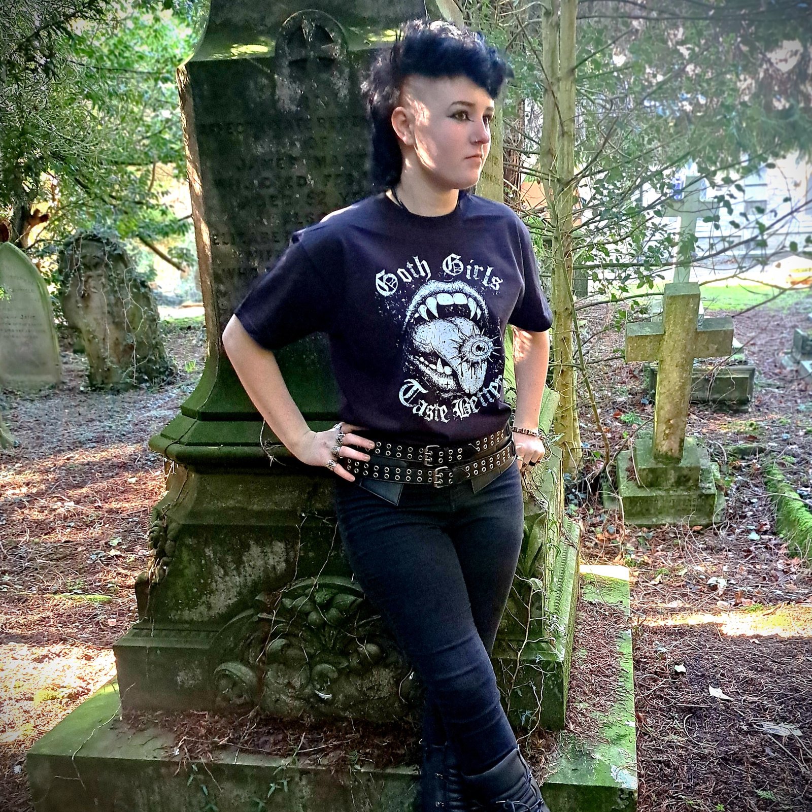 Alternative goth outfit featuring Goth Girls Taste Better graphic t shirt worn with black jeans and boots