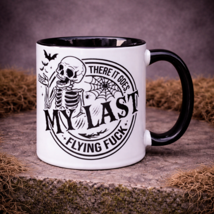 goth skeleton mug my last flying fuck design white black handle right side moss background