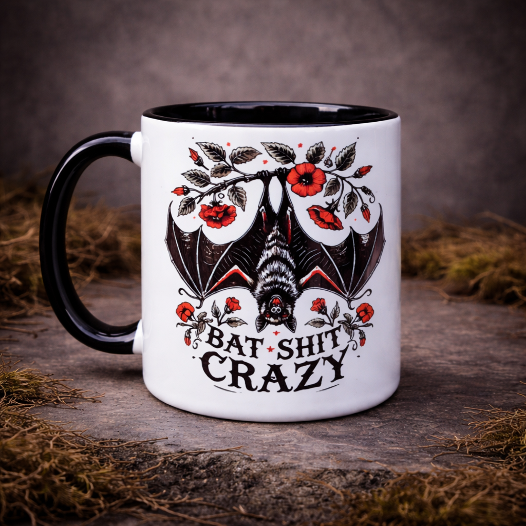 Dark humour bat mug with gothic bat artwork and bat shit crazy slogan alternative gift