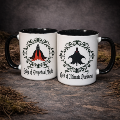 Gothic couple mug set with lord of ultimate darkness and lady of perpetual night matching design