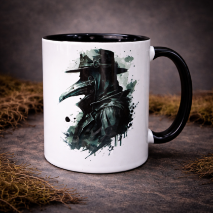 Gothic plague doctor mug with dark watercolour illustration on ceramic coffee cup with black handle on textured background