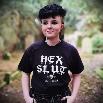 Hex gothic t-shirt black alternative goth clothing with white dripping gothic text and skull design witch aesthetic tee