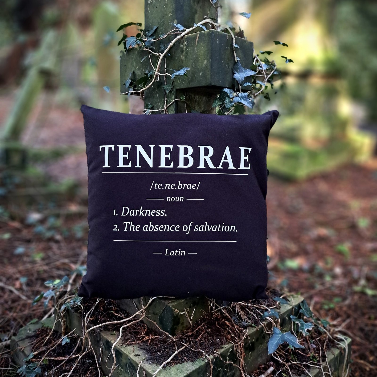 Tenebrae gothic cushion cover with Latin dictionary style darkness definition in white on black Fairtrade cotton displayed on an ivy covered grave cross.