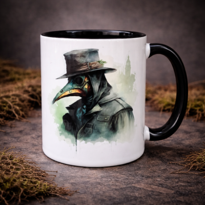 Watercolour plague doctor mug with gothic art illustration on ceramic coffee cup with black handle on dark textured background