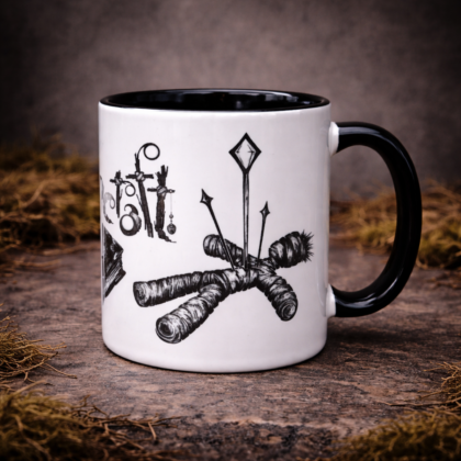Witchcraft mug with occult symbols and voodoo style illustration on moody stone background