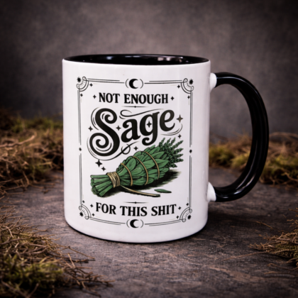 Witchy sage leaves gothic coffee mug with black handle on dark textured background, sarcastic witch humour design