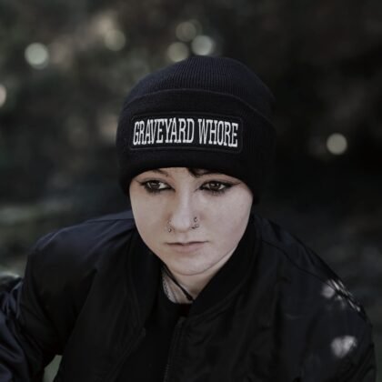 black gothic beanie worn alternative fashion style embroidered design