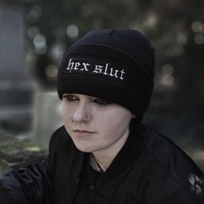 black gothic beanie worn alternative fashion style embroidered patch