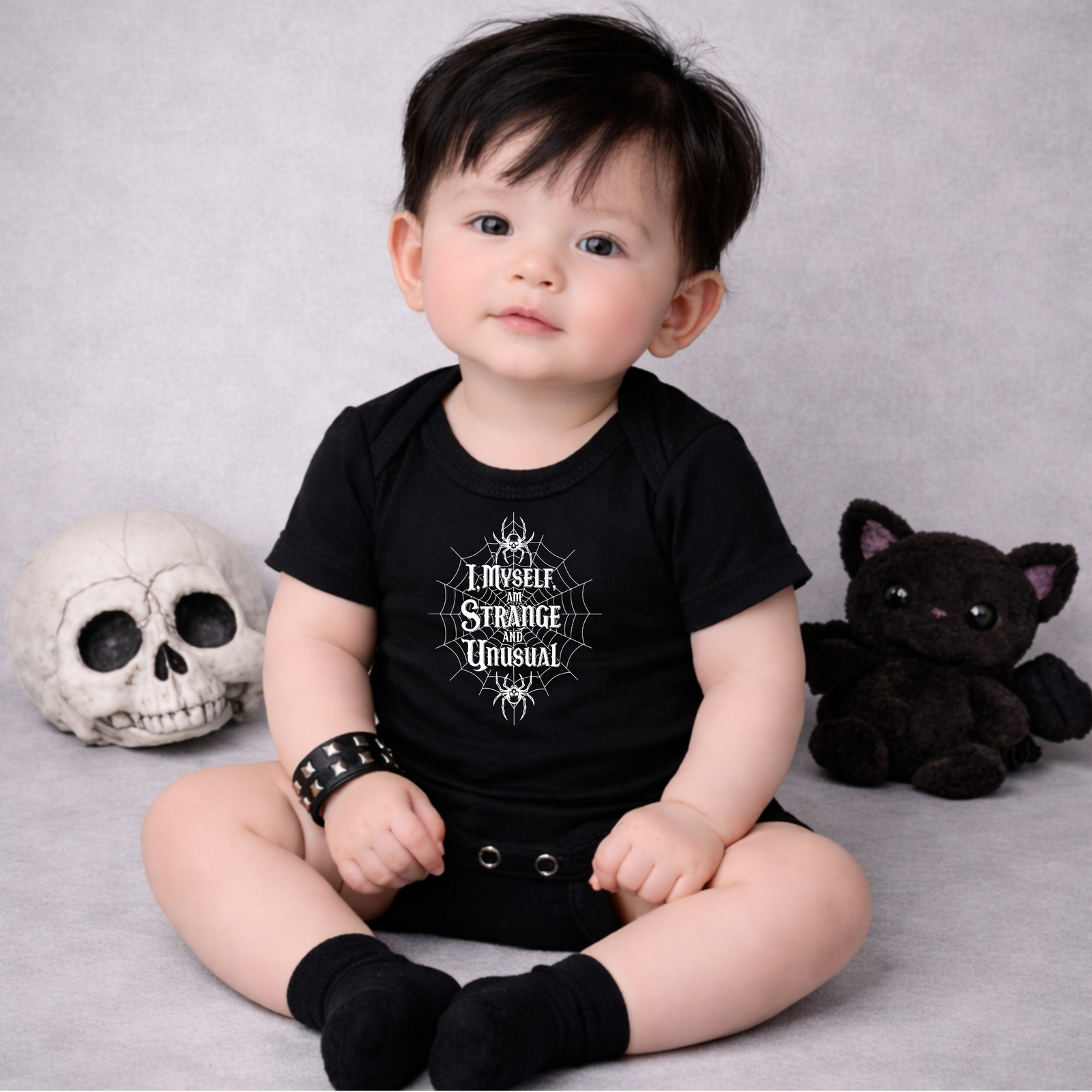 Baby wearing strange and unusual baby grow gothic baby outfit alternative baby clothing
