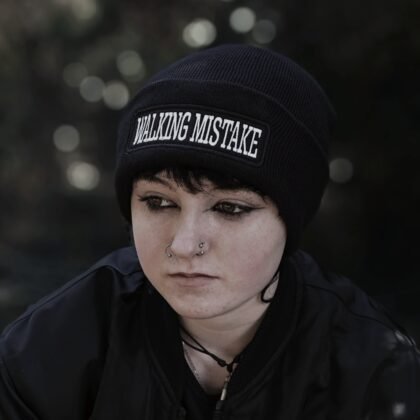 black gothic beanie worn alternative fashion walking mistake design