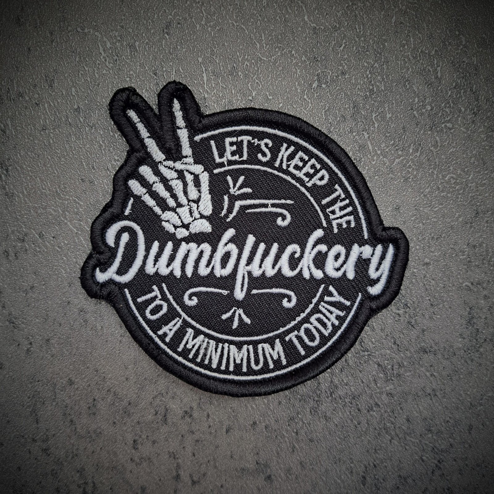 Dumbfuckery skeleton hand gothic embroidered patch 9.5cm iron-on badge in black and white