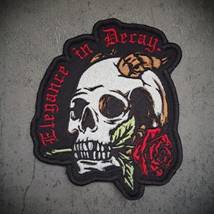 Flirting In Decay skull and rose gothic embroidered patch 15.5cm x 12cm