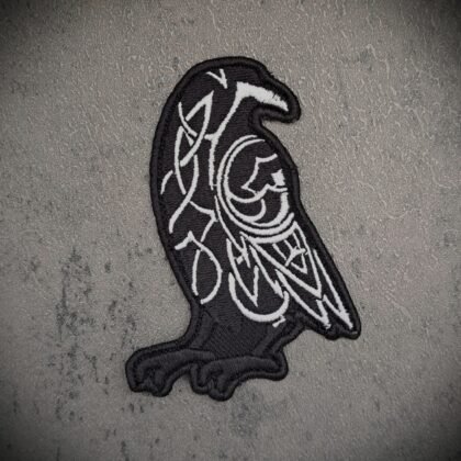 Odin raven embroidered patch in black and white Norse gothic design