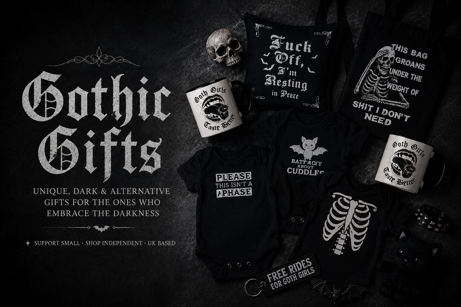 Collection of unique gothic gifts including mugs, alternative baby grows, and dark humour tote bags from The Gloomy Goth Shop.