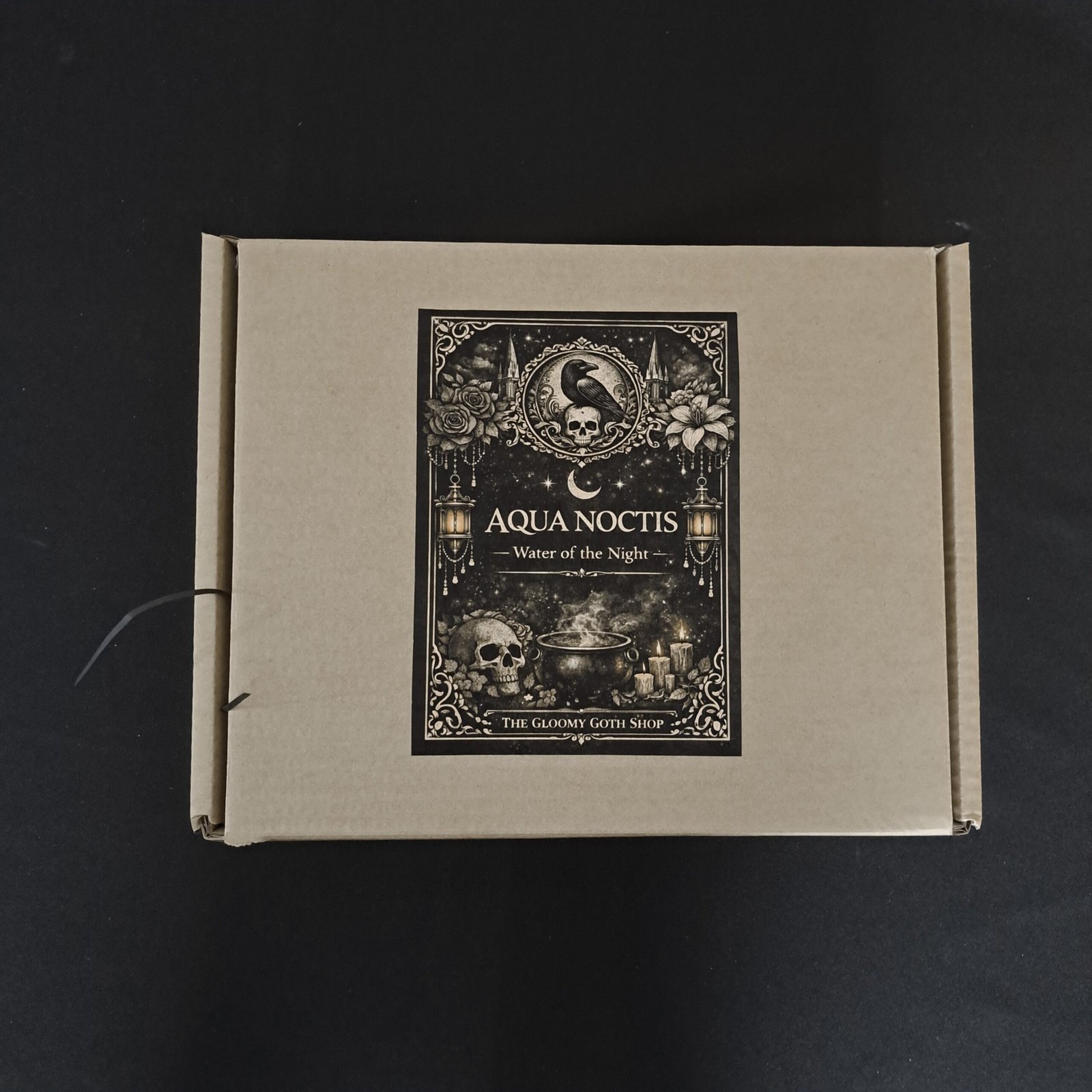A closed, standard brown cardboard gift box, viewed from directly above. Affixed to the lid is a large, square, matte black label with ornate gold-colored typography. The label text reads: 'AQUA NOCTIS - Water of the Night - THE GLOOMY GOTH SHOP'. The artwork features intricate celestial and occult imagery, including a crow on a skull, a cauldron, candles, and crescent moons.