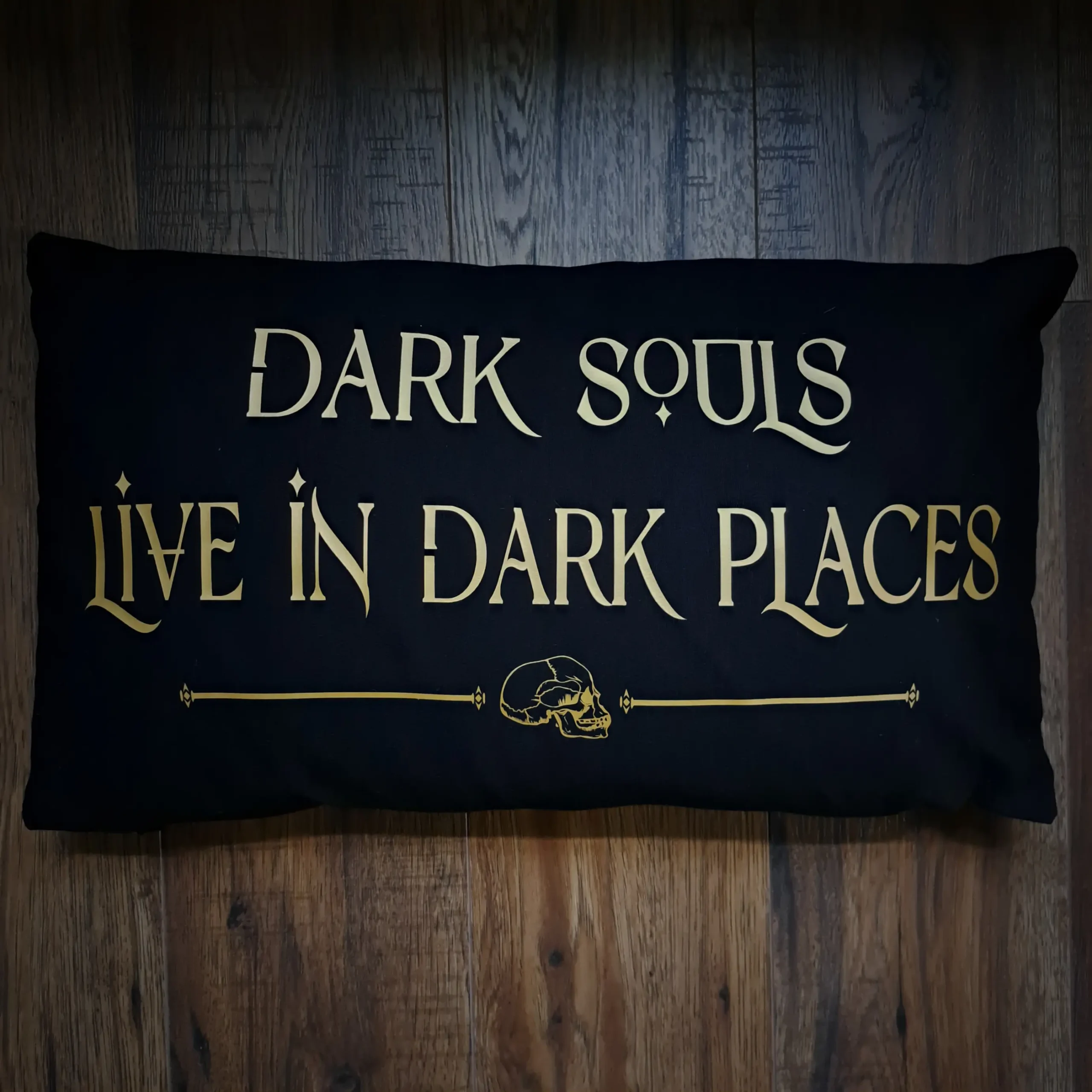 Black 50 x 30cm gothic cushion cover with Dark Souls Live in Dark Places skull design